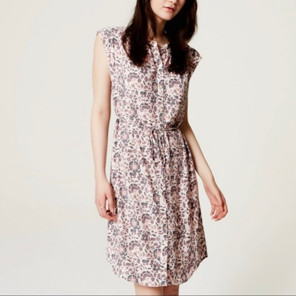 LOFT | Pink & Blue Floral Button Down Tie Waist Cap Sleeve Shirtdress *NWT*